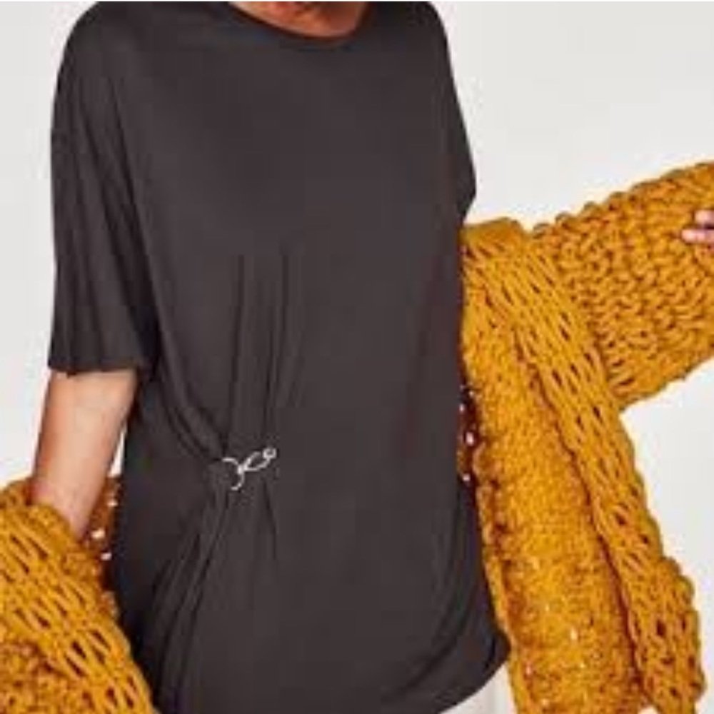 Zara | Tops | Zara
Charcoal oversized Tshirt With Metal Detail. US-S